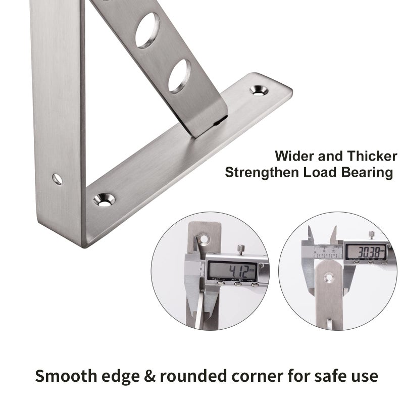 YUMORE Stainless Steel Shelf Bracket 10", Heavy Duty Solid Shelf Support Corner Brace Joint Right Angle Bracket, L Bracket with 2 S Hook, 2 Pack - Image 3